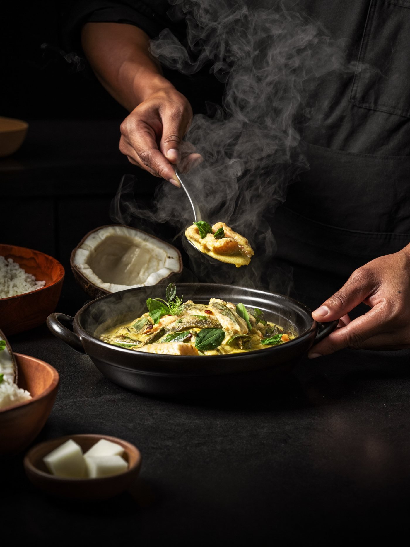 A Nattinpuram chef plating a Kerala dish in the kitchen