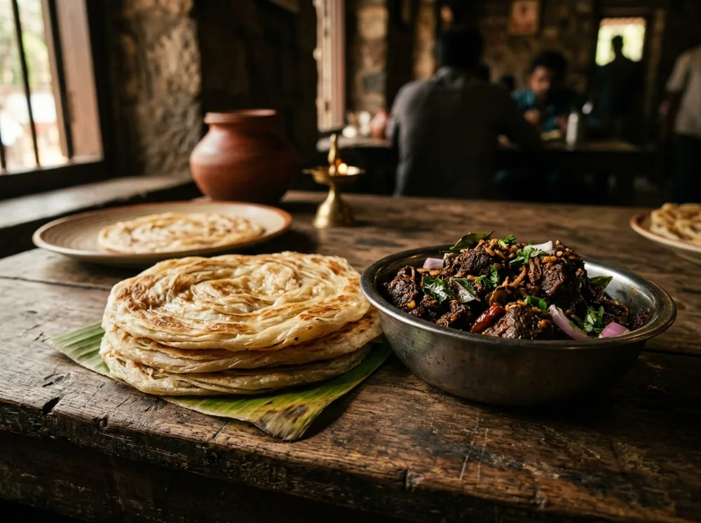 Kerala parotta with beef fry at Nattinpuram