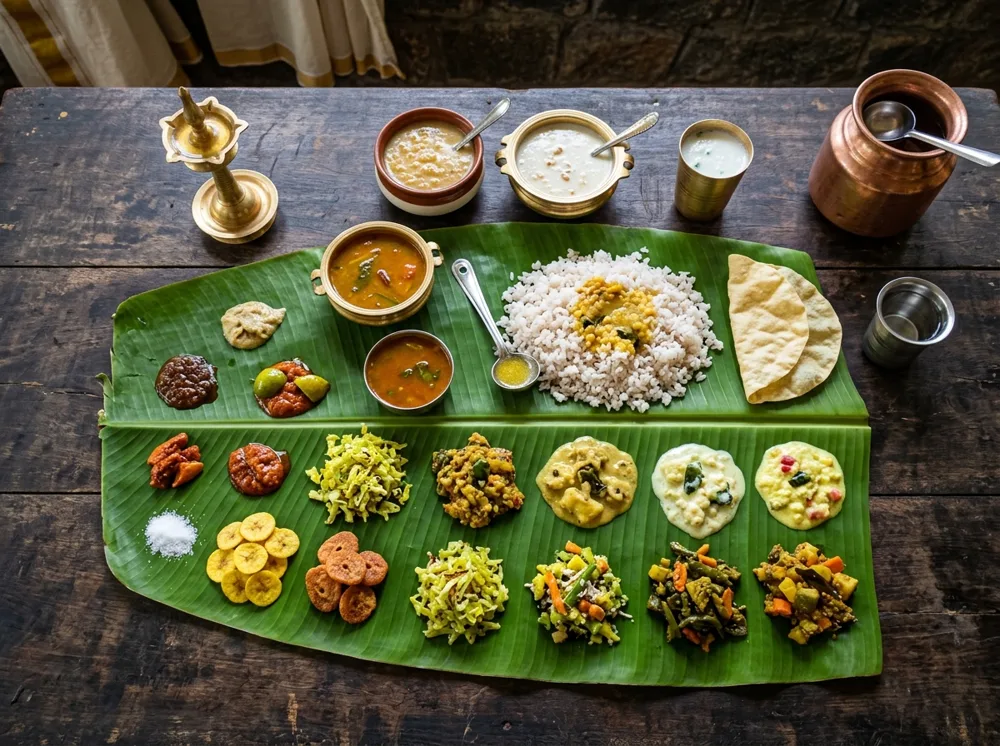 Kerala sadya served on a banana leaf at Nattinpuram
