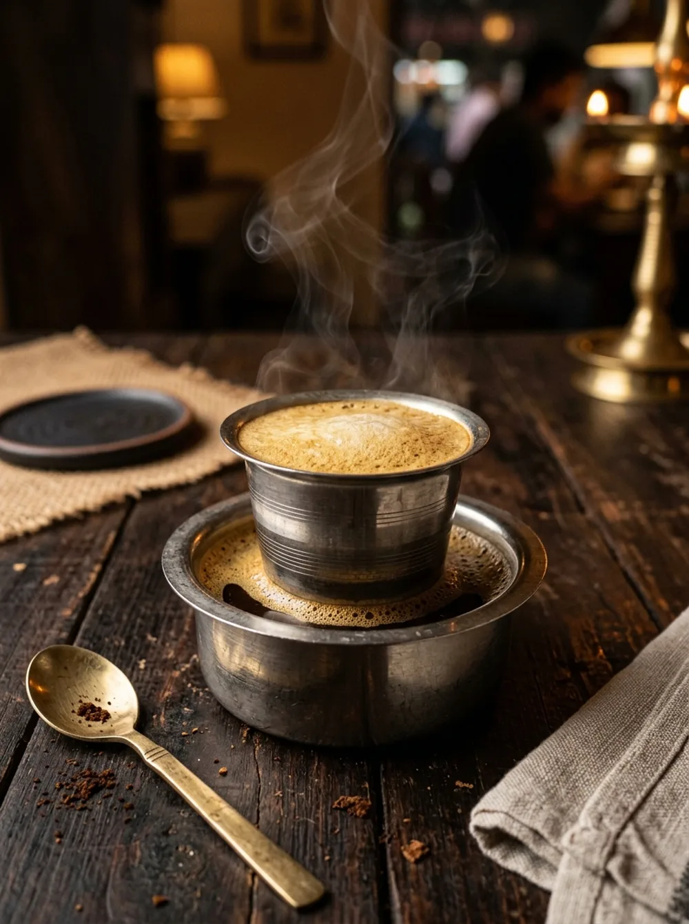A hot glass served at the end of a meal at Nattinpuram